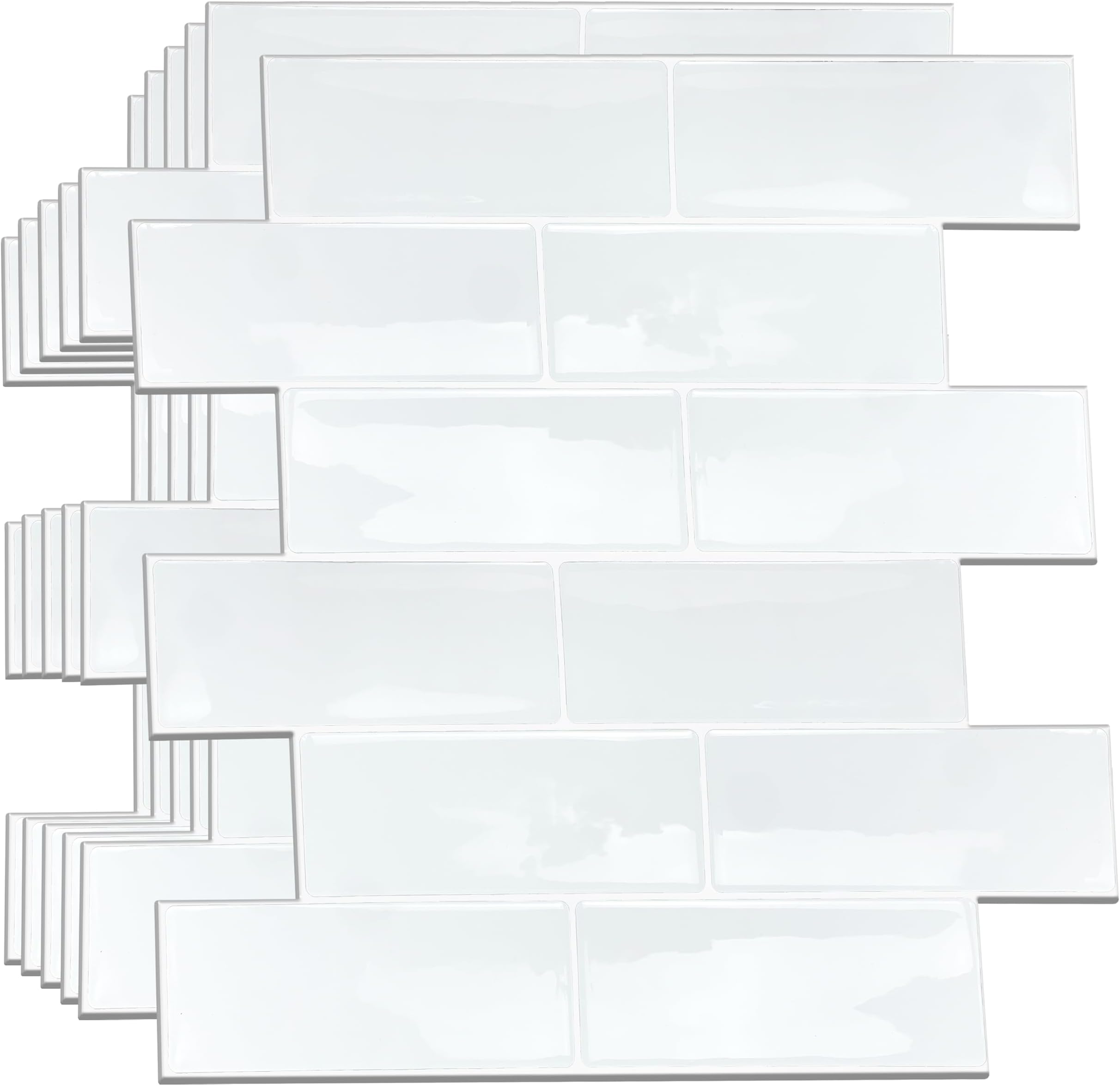 WALPLUS 12 Sheets 12" x 6" Premium Brilliant White Subway Glossy 3D Tile Stickers Peel and Stick Kitchen Backsplash Stick on Subway Mosaics Tile Water Heat Resistant Bathroom Kitchen Decor