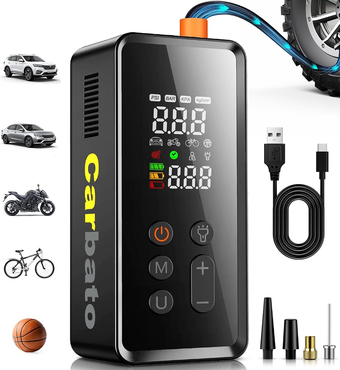 Compresor de aire portátil para inflar neumáticos, bomba de aire inalámbrica de 150 PSI para neumáticos de automóvil con pantalla digital de valores duales, apagado automático y luz de emergencia LED, bomba de aire inteligente para automóvil, motocicleta, bicicleta, pelota