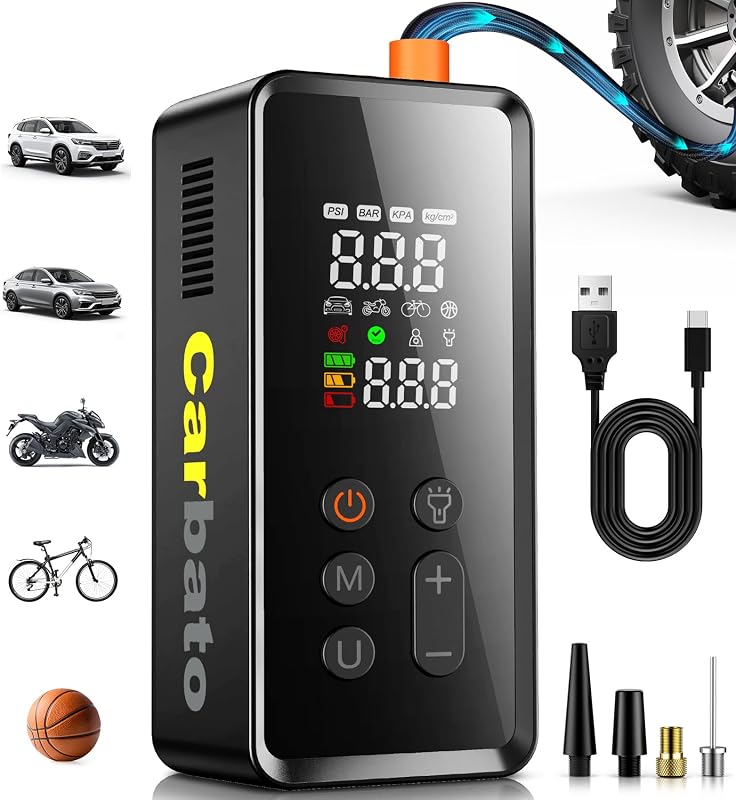 Compresor de aire portátil para inflar neumáticos, bomba de aire inalámbrica de 150 PSI para neumáticos de automóvil con pantalla digital de valores duales, apagado automático y luz de emergencia LED, bomba de aire inteligente para automóvil, motocicleta, bicicleta, pelota