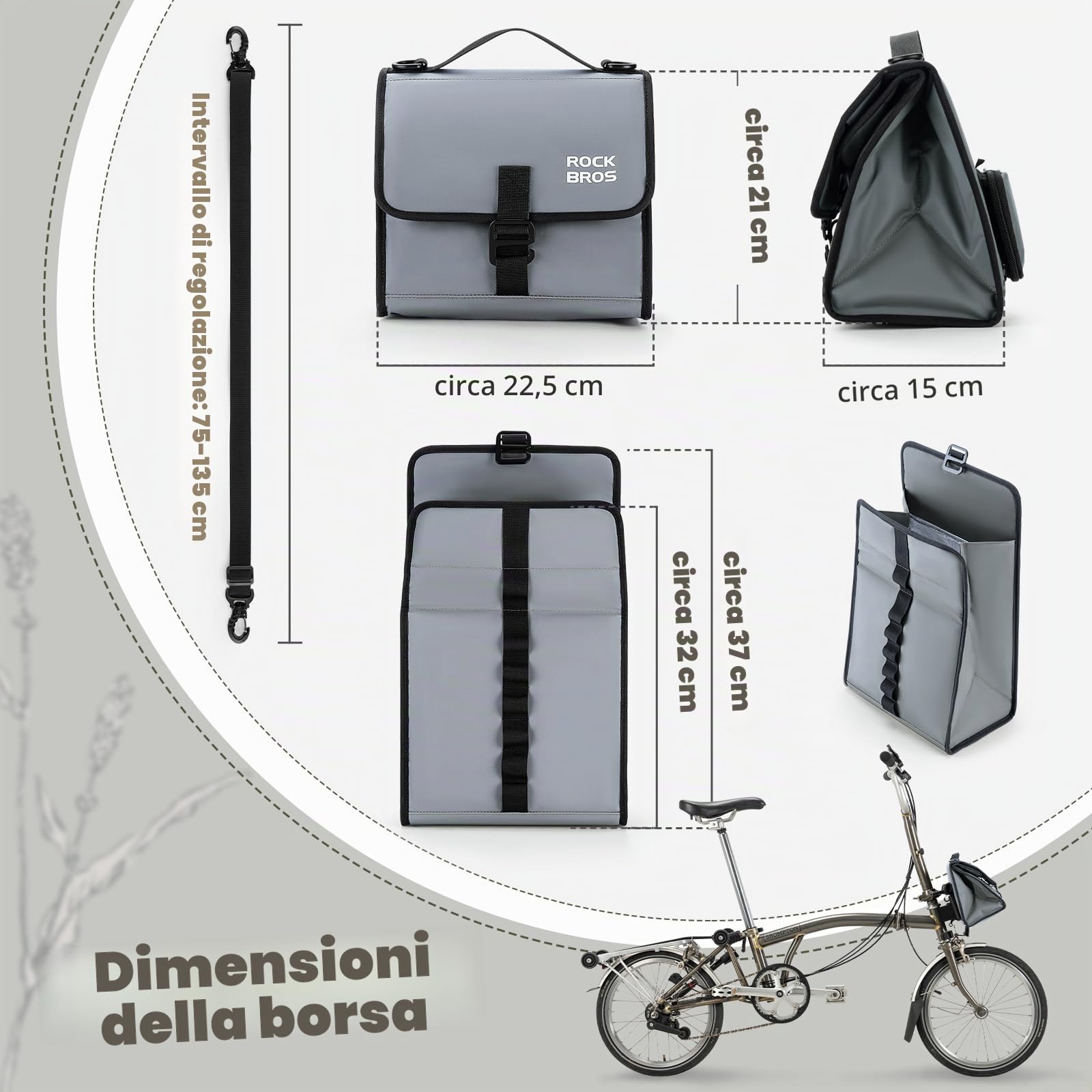 ROCKBROS Borsa Anteriore per Bici Brompton, Borsa con Fibbia Bormpton Bike, Grande Capacità 4-7L, Termica, Portatile con Tracolla