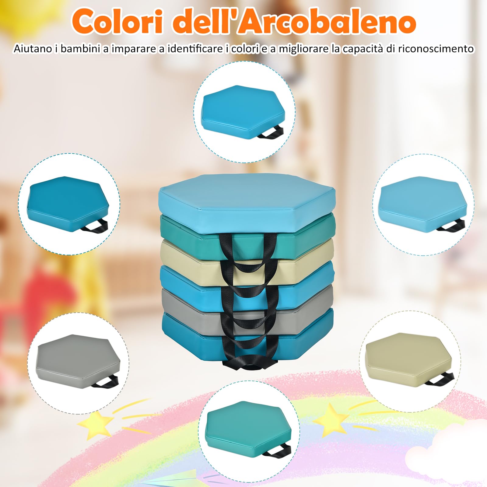 GYMAX Set di 6 Cuscini Esagonali per Bambini 3+, con Maniglia di Trasporto, Impermeabili per Attività Interno Esterno, Tappeto da Gioco Genitore-figlio, 38 x 34 x 5 cm (Blu)