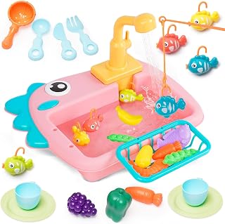 Fregadero Cocina Juguete con Agua Corriente, Circulación Automática del Agua, 2 en 1 Juego de Pesca, Lavavajillas Juguetes, Cocina Juguete Infantil, Juegos de rol Regalo para Niñas y Niños(Rosa)