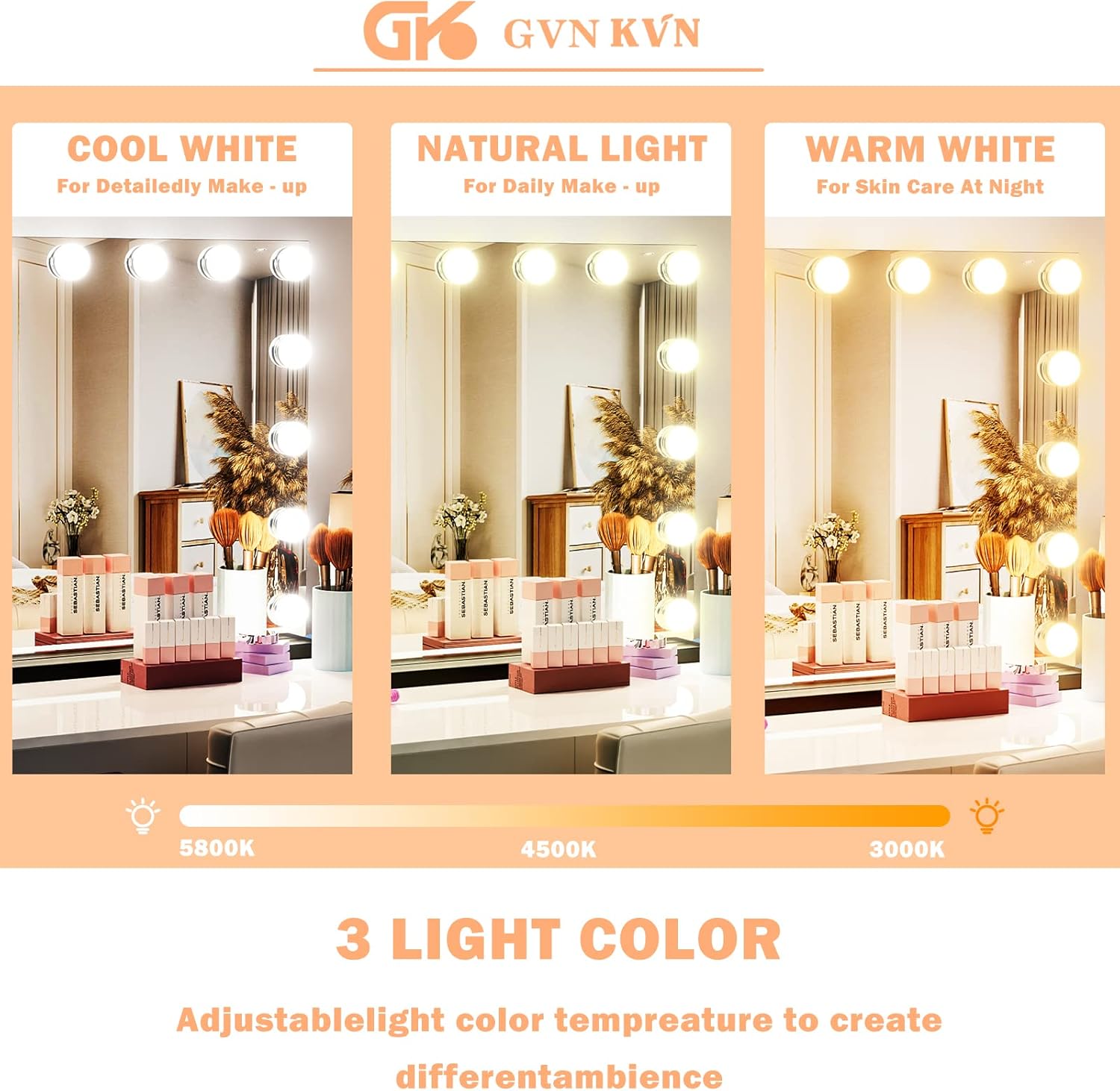 Gvnkvn Vanity Mirror with Lights, 15 Dimmable LED Bulbs Large Hollyhood Makeup Mirror, Light up Mirror with 10X Magnification and USB Charging Port, Smart Touch 3 Colors, Metal Frame