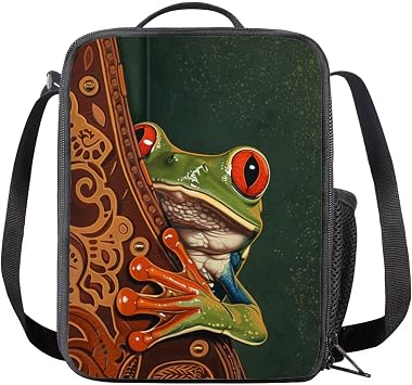 Boho Frog Kids Lunch Bag Boys Insulated Lunch Box Bag Portable Meal Bag with Water Bottle Holder and Shoulder Straps, Thermal Reusable Lunch Container Bag for Girls, Green and Brown
