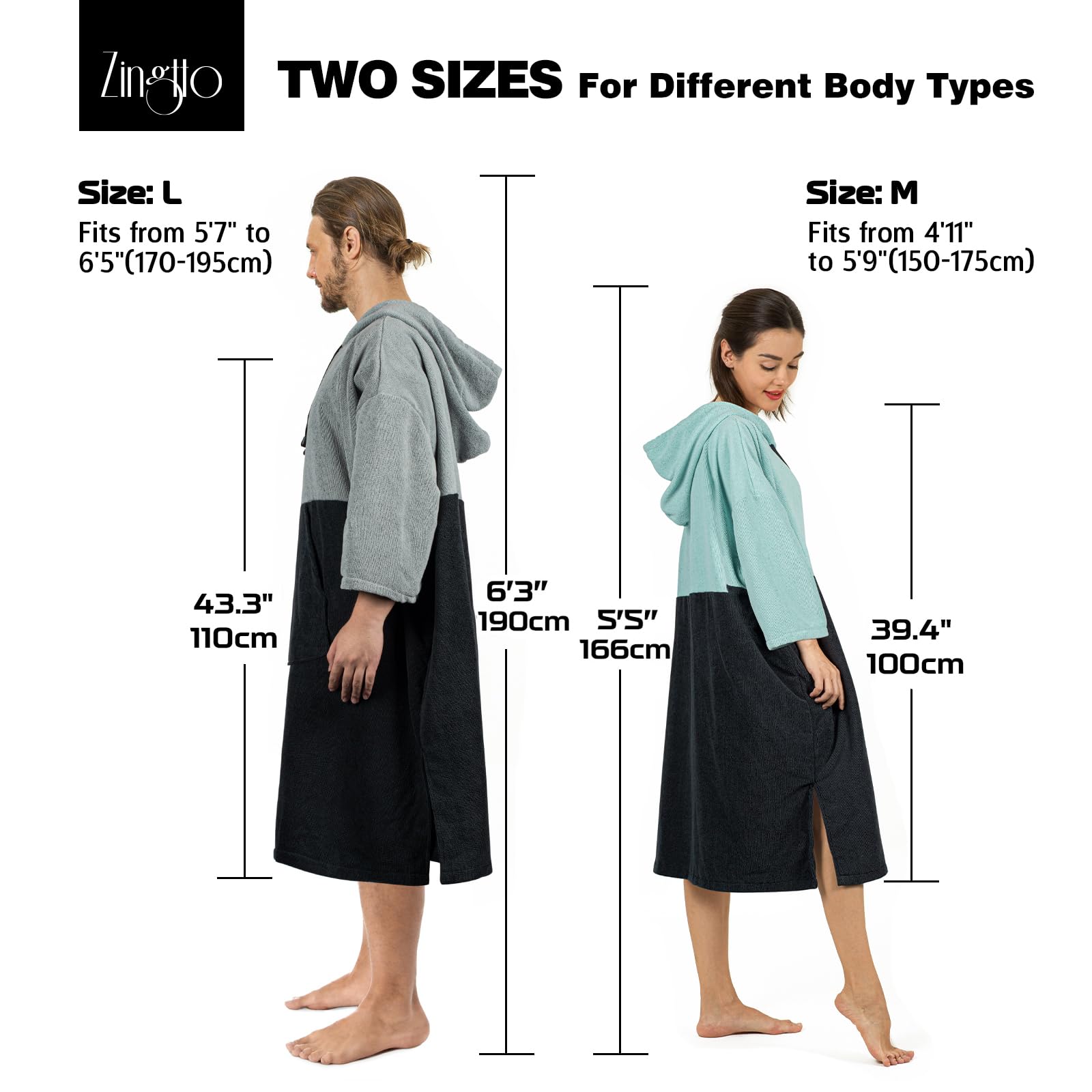 Surf-Poncho, Wickelrobe, 3/4-Ärmel, Extra Großer, Dicker Kapuzen-Handtuch-Poncho für Männer und Frauen, Strandschwimmen, 39''x33'', Schwarzgrün