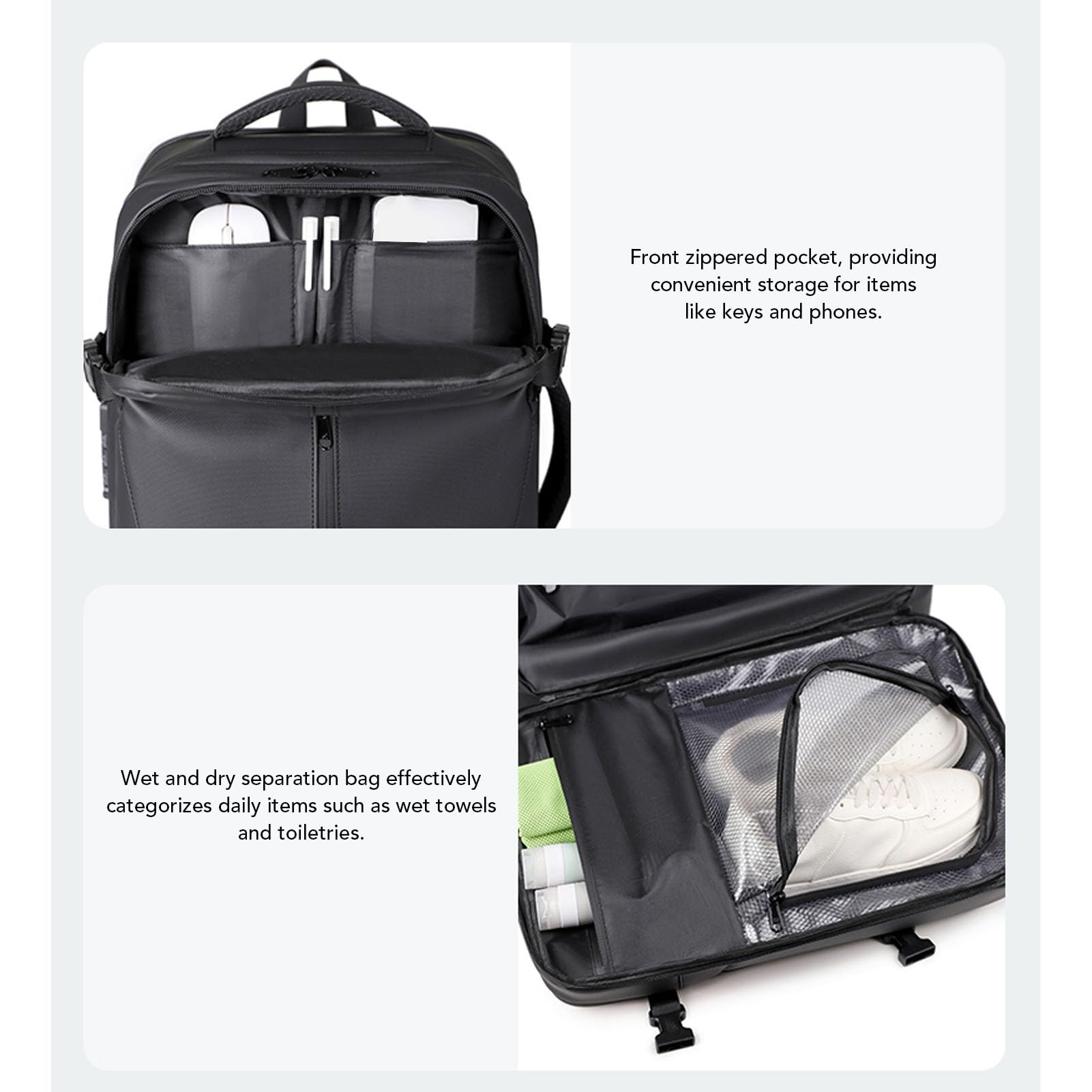 Mochila de Compresión de 36 L a 55 L con Bomba, Mochila de Viaje Impermeable, para Portátil de 17,3 Pulgadas con Bloqueo Antirrobo, Separación de Ropa Seca y Húmeda, Compañero de Viaje