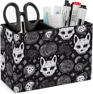 Rectangle Pen Holder Skull Cat Moon Gothic Desk Organizer Pencil Cup | PU Leather Desktop Caddy Container Case with 2 Slots, Stationery Pens Remotes Makeup Brushes Essentials Home Office Supply