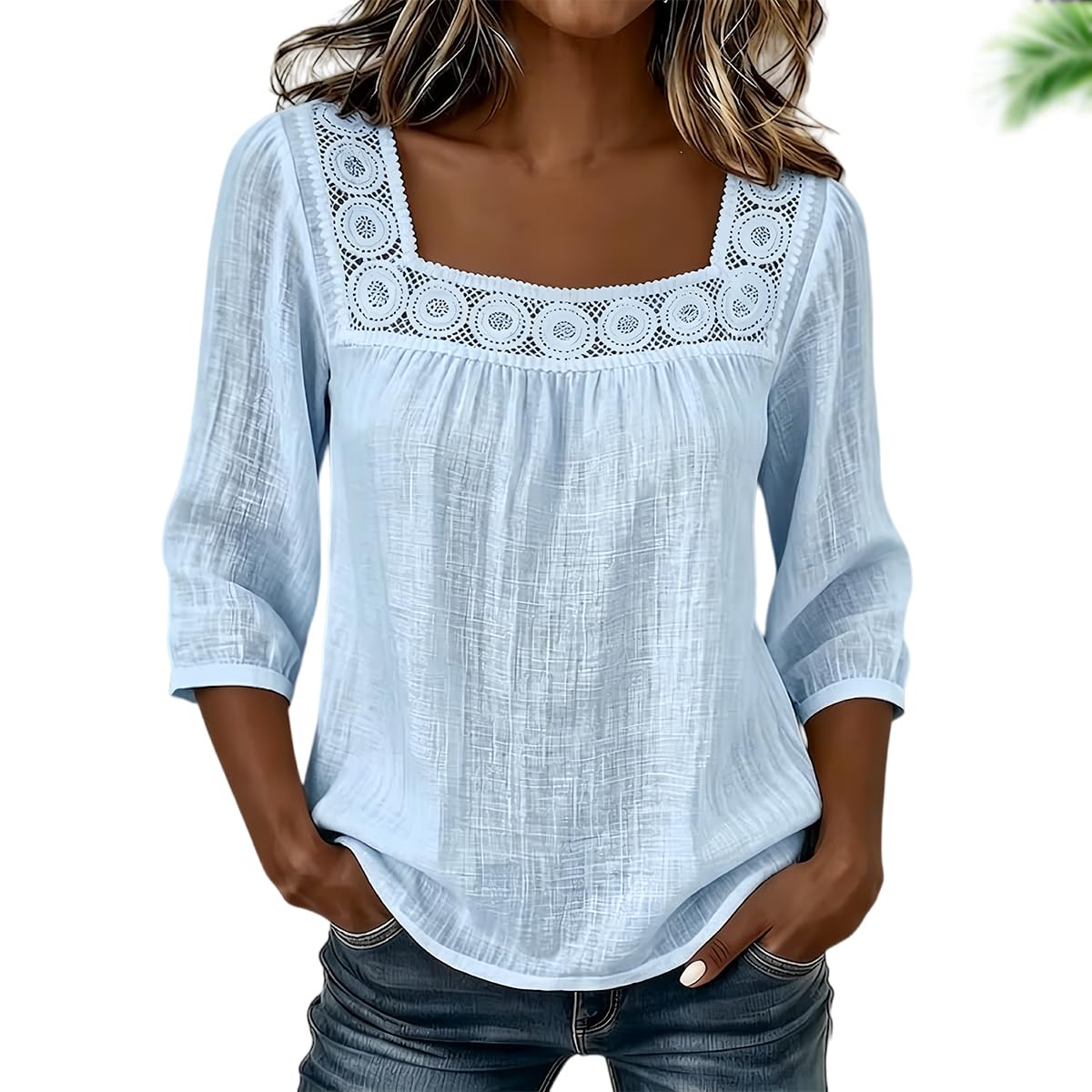 Blusa Bohemia de Manga Tres Cuartos para Mujer con Cuello Cuadrado, Detalles de Ganchillo, Corte Holgado y Elegante.