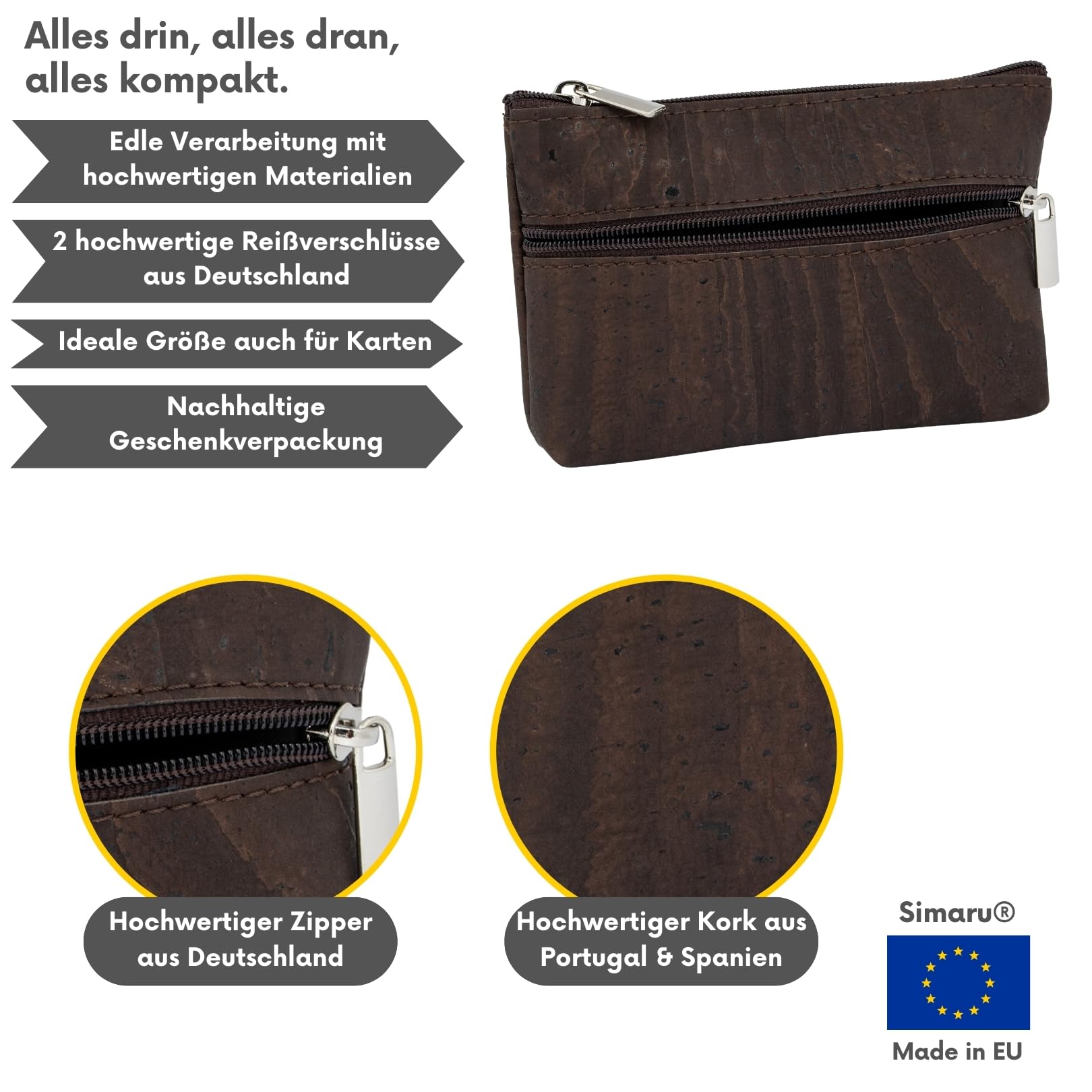 SIMARU Münzgeldbeutel Kork Geldbeutel Mini Slim Wallet Geldbörse mit 2 Reißverschlussfächern für Karten, Scheine & Münzen, nachhaltiges Portemonnaie