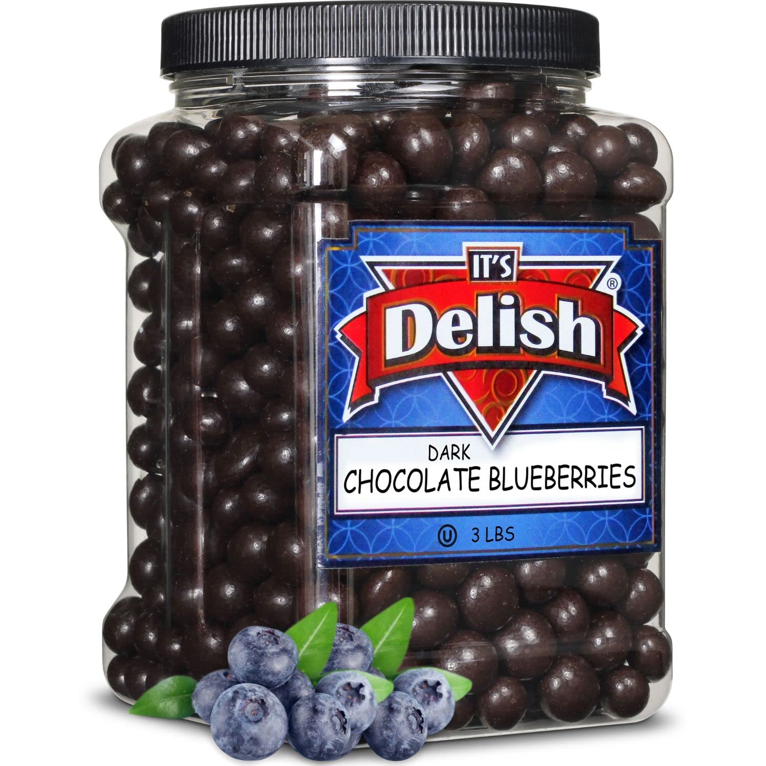 Gourmet Dark Chocolate Blueberries by It’s Delish, 3 LBS Jumbo Container Jar | Dark Chocolate Covered Fruit with Real Dried Blueberries | Kosher and Vegan Snack