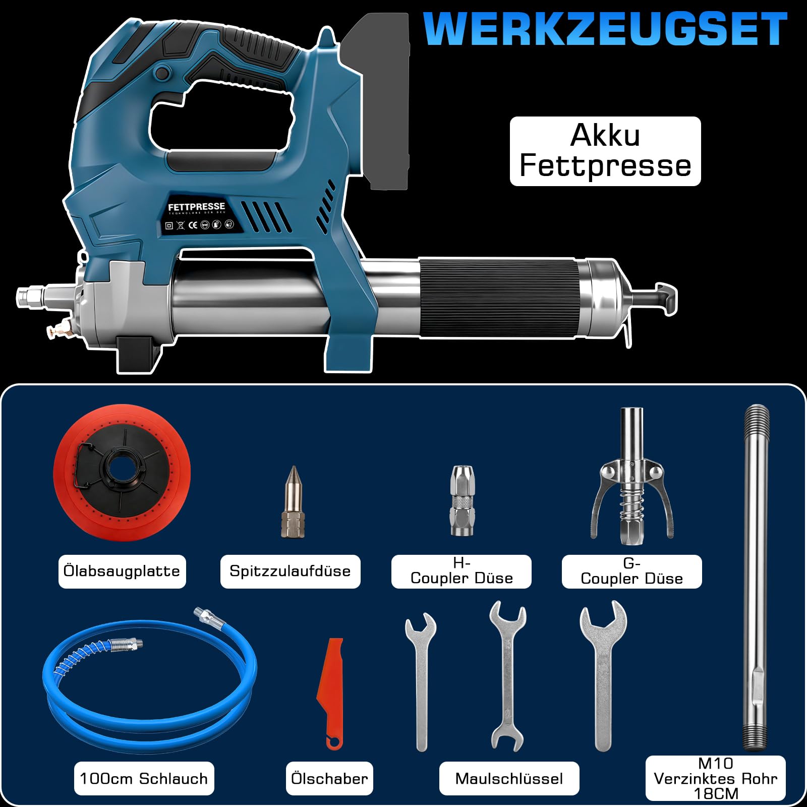 Pressa per grasso a batteria, compatibile con batteria Makita da 18 V, pressa elettrica con funzione dosatrice incl. tubo ad alta pressione da 100 cm, 3 bocchini, motore senza spazzole e lampada a LED
