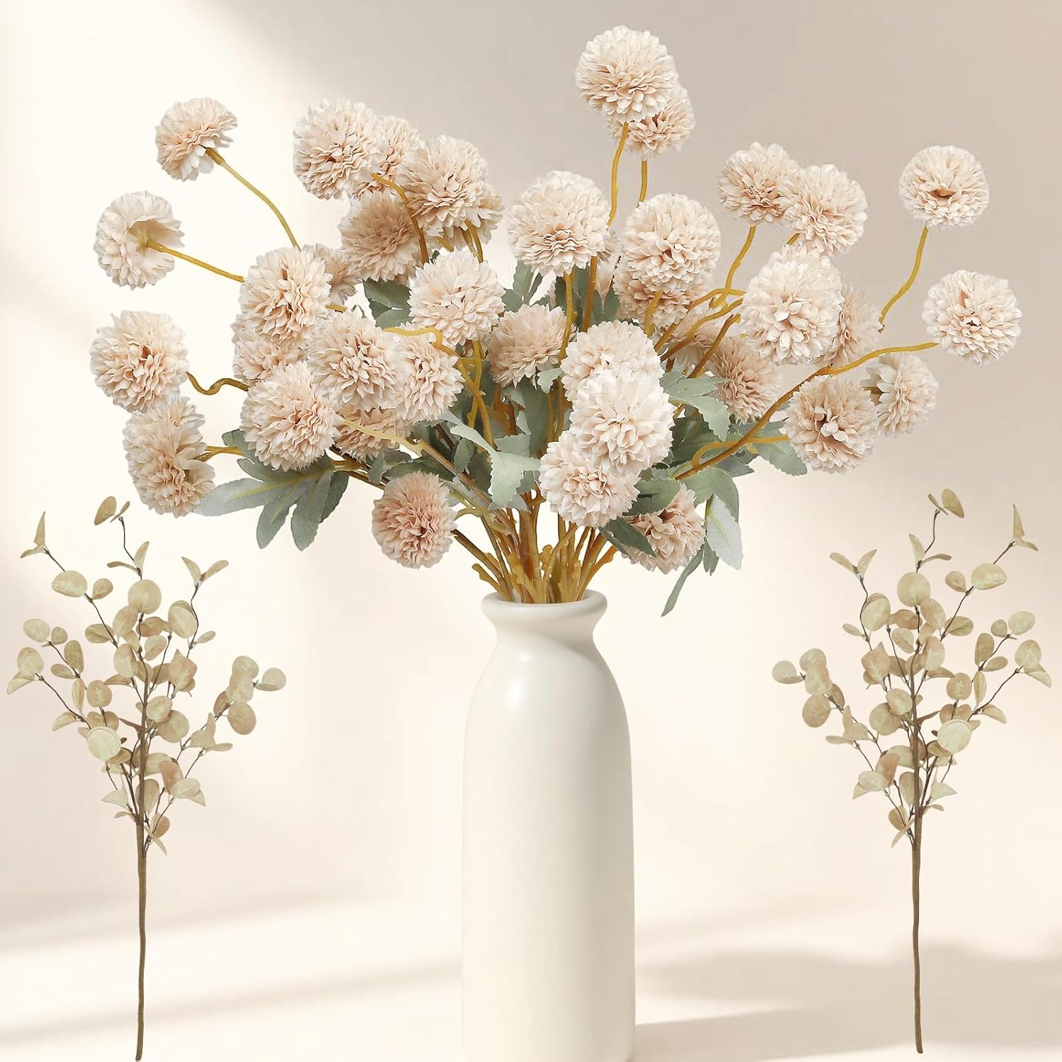 12 Pcs Begie Fake Flowers for Vase,50 Heads Faux Silk Mums with Eucalyptus,Artificial Flowers with Long Stem,Chrysanthemums for Wedding Centerpieces Floral Arrangements Vase Fillers Home Decor