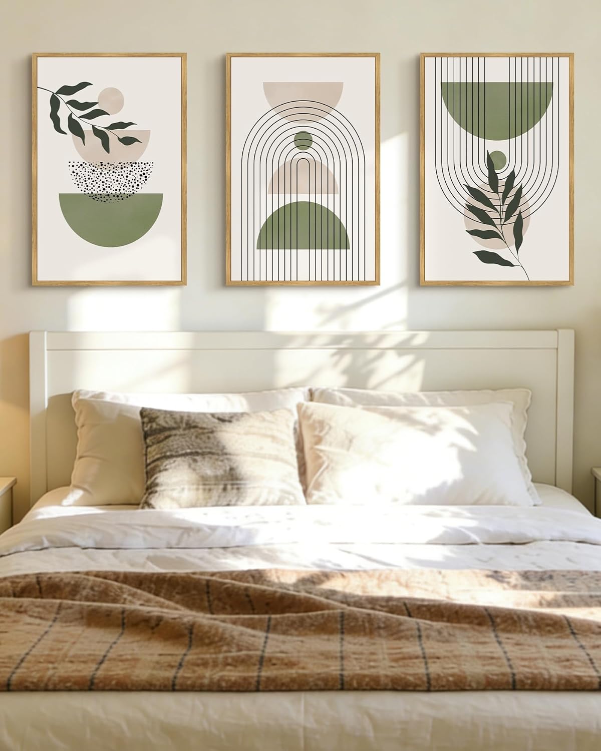 Drsoum Large 16x24in Green Botanical Boho Wall Art Framed Modern Sage Bohemian Wall Decor Abstract Geometry Lines Prints Ready to Hang Natural Framed