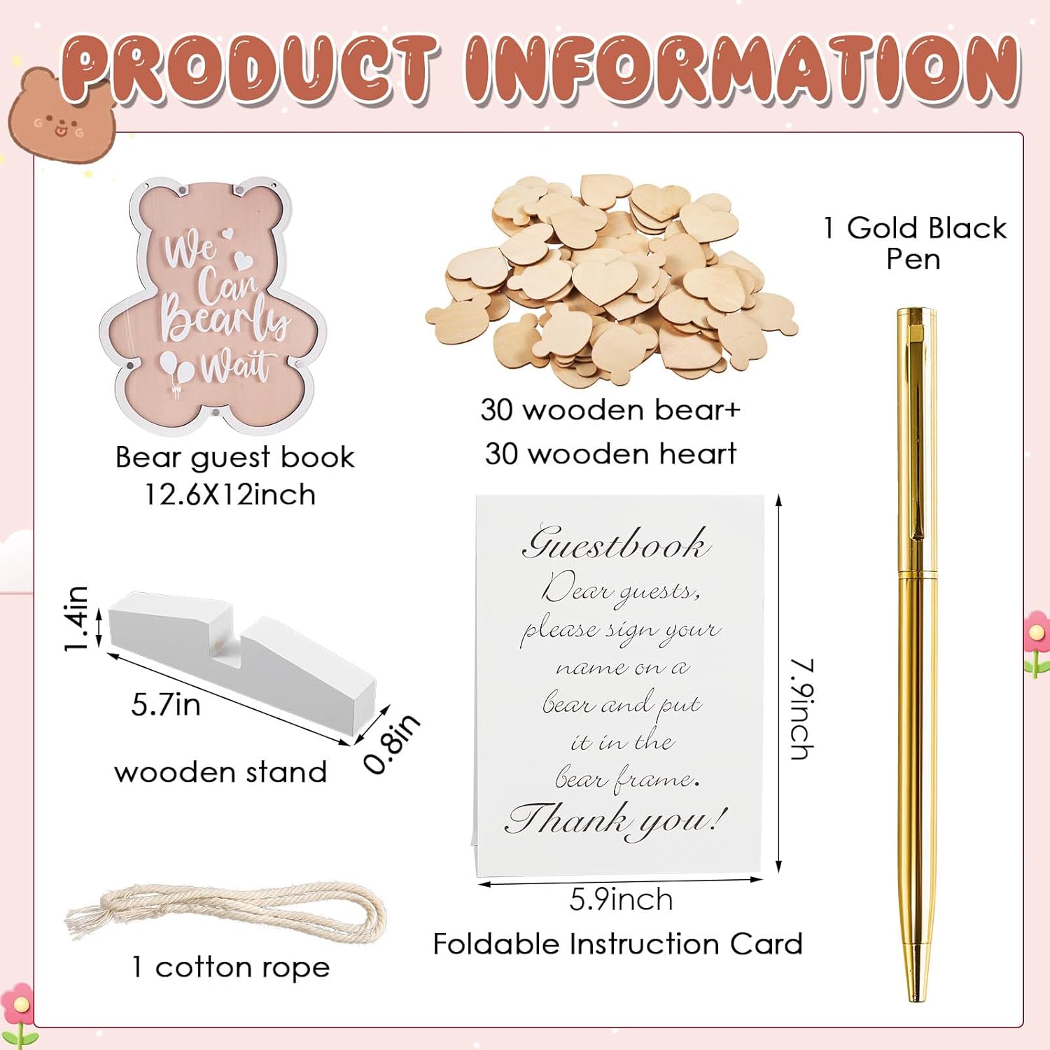 Kosiz We Can Bearly Wait Acrylic Baby Shower Guest Book Alternatives Decorations with Wooden Hearts for 60 Guests Baby Shower Sign Picture Frame Pregnancy Keepsake Edition for Soon to Be Mom (Brown)