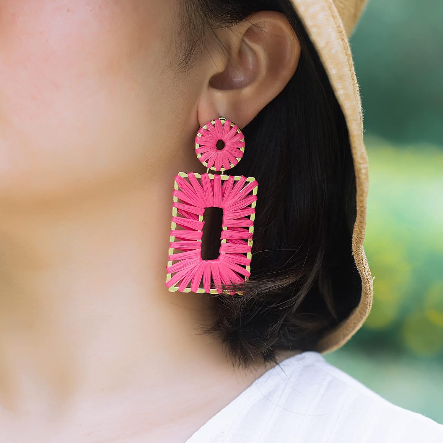 Statement Raffia Earrings Boho Square Drop Earrings Geometric Dangle Earrings for Women Gift Jewelry - Image 3