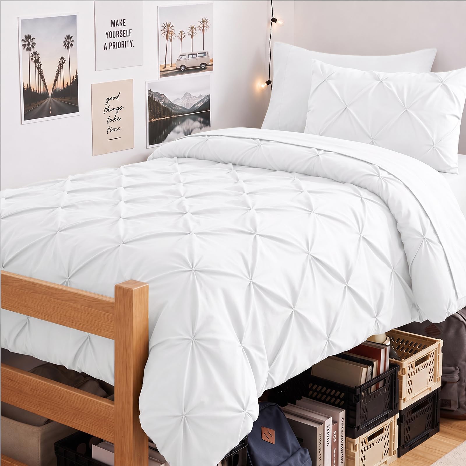CozyLux Twin Comforter Set White, 5 Pieces Pintuck Bed in a Bag | 240GSM All Season Down-Alternative Fill, College Dorm Essentials, OEKO-TEX 100 Certified, Comforter, Sheet, Pillowcase & Sham