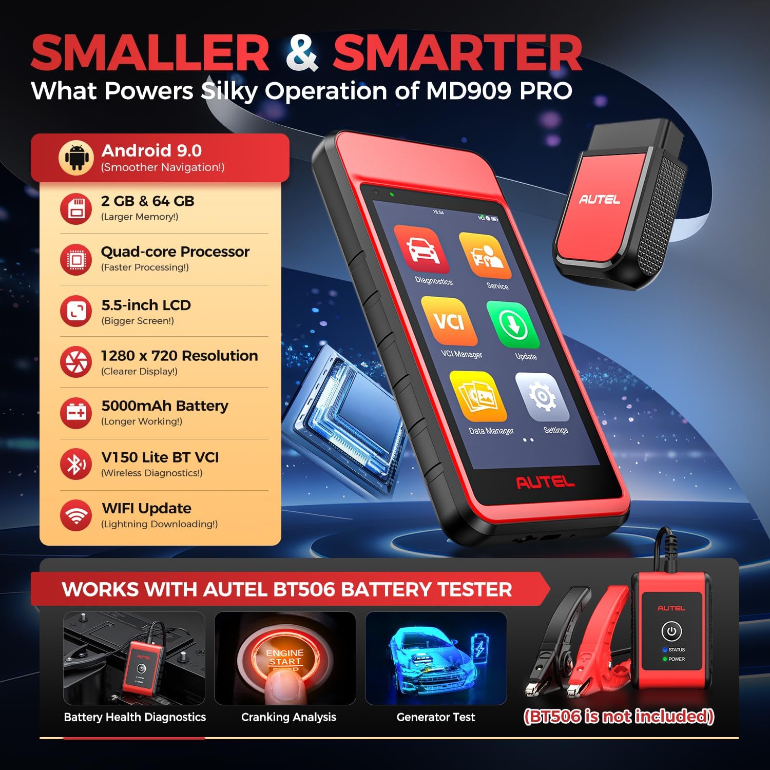 2026 Autel MaxiDiag MD909 PRO OBD2 Scanner, MD909PRO Full Systems OBDII Diagnostic Tool, Wireless CAN FD Up of MaxiCOM MK808S MK808 MX808S, V2.0 of MD906PRO, 11 Services, Lifetime Free Updates, FCA