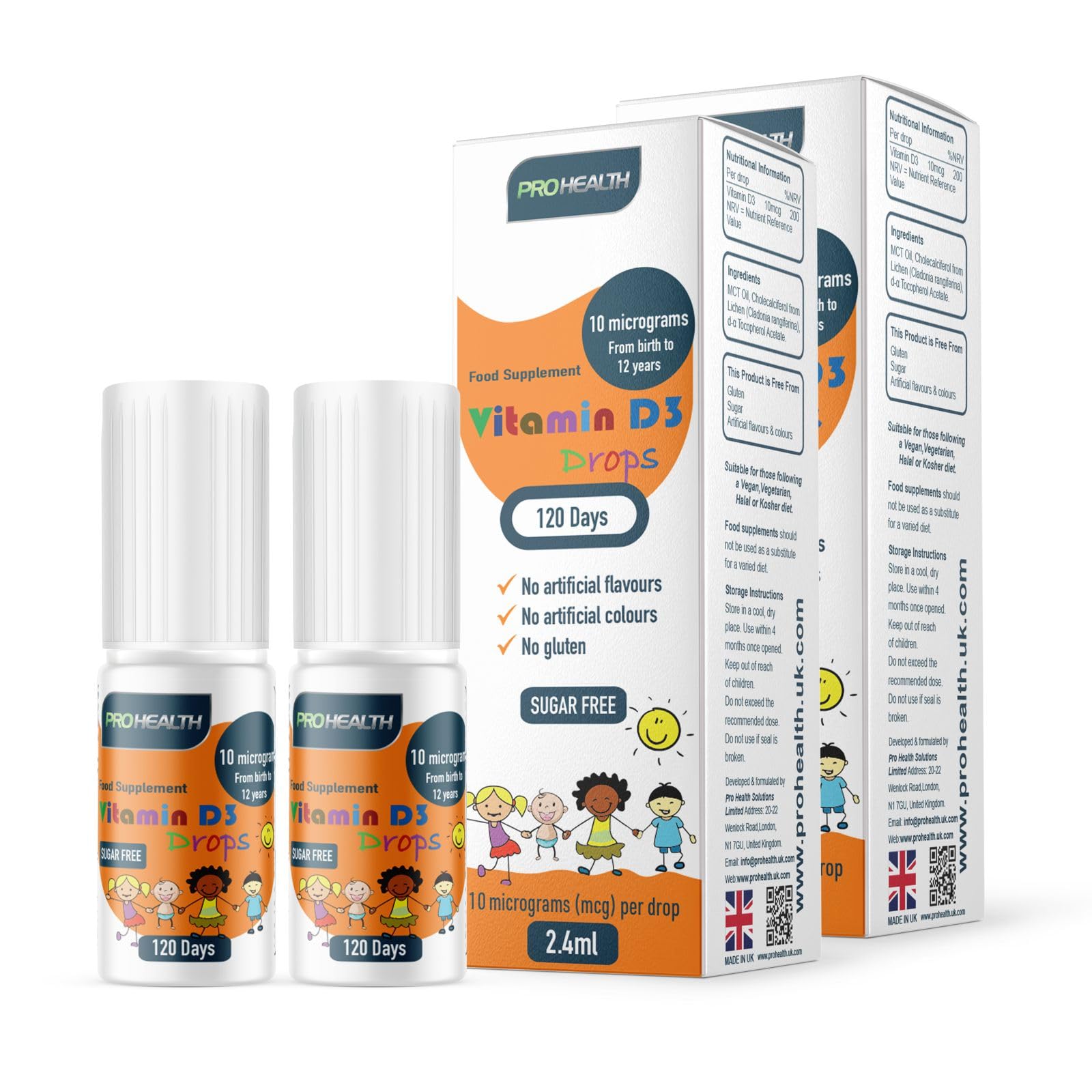 ProHealth Preservative-Free Vegan Vitamin D3 Drops for Infants & Children - Sugar-Free, All-Natural, NHS Approved (4-Month Supply, 2-Pack)