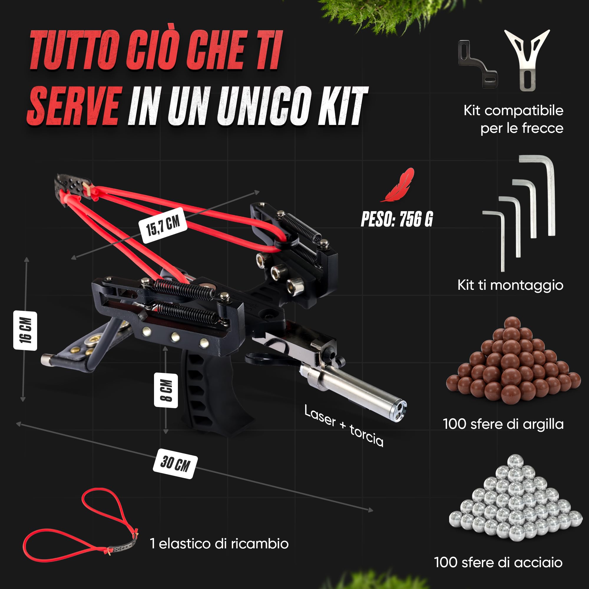 Set Completo da Caccia Professionale da Tiro - Kit Sportivo di Precisione con Accessori - Gioco all'aperto tiro a Segno - Elastico Rinforzato