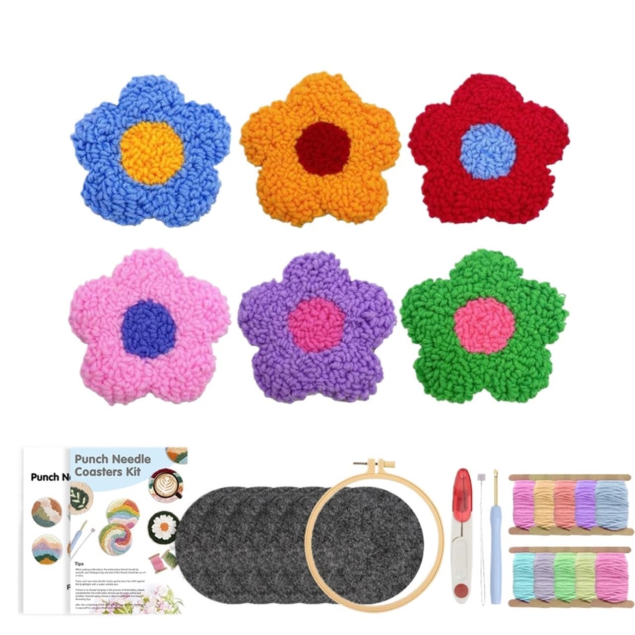 1set 6pcs/Set DIY Punch Needle With Coasters Kit Complete Embroidery Starter Set For Beginners for DIY(Color3)