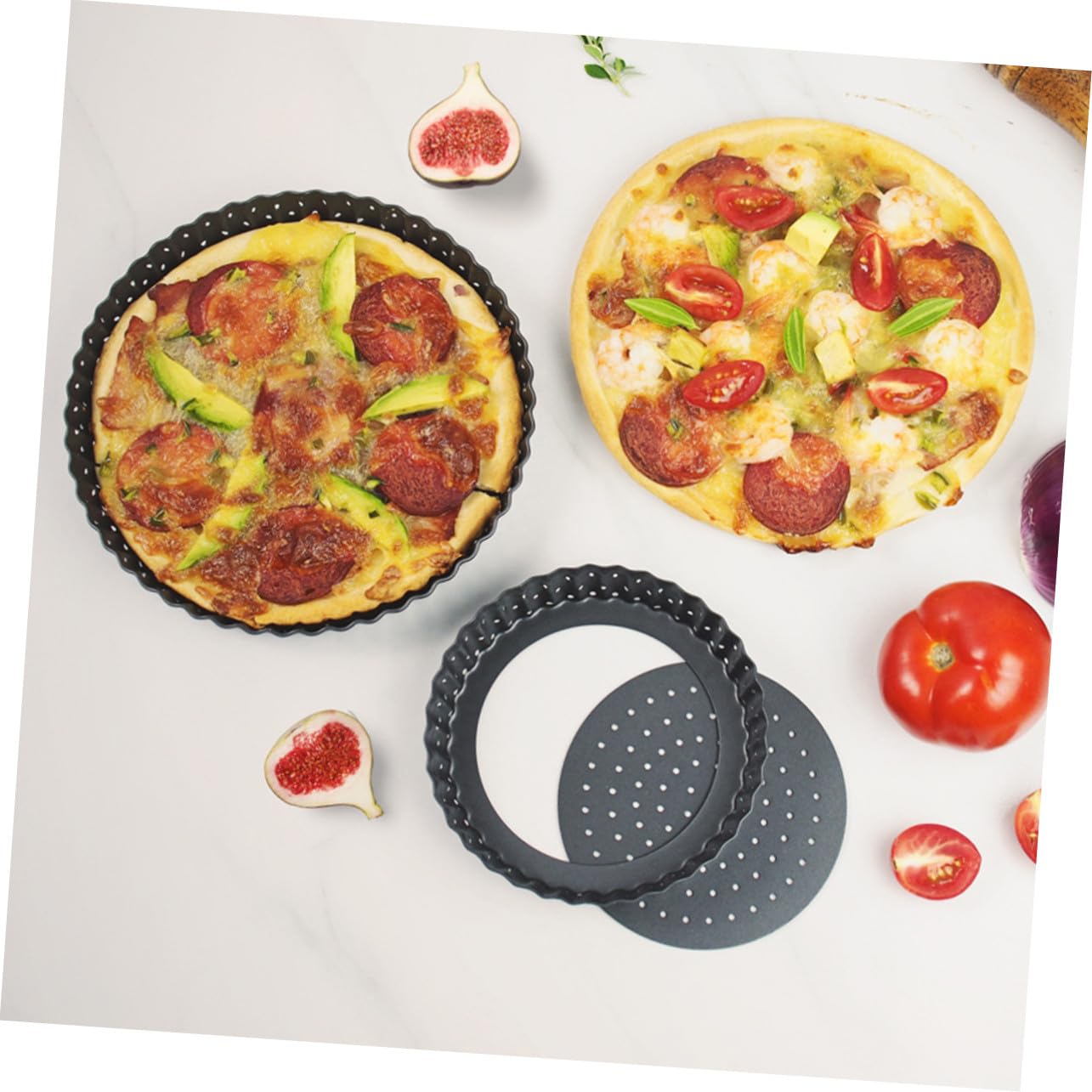 Teglia Pizza Antiaderente con Fori Stampo Rotondo per Crostate Vassoio Torta con Fondo Rimovibile in Acciaio Carbonio Resistente per Cheesecake Quiche Muffin