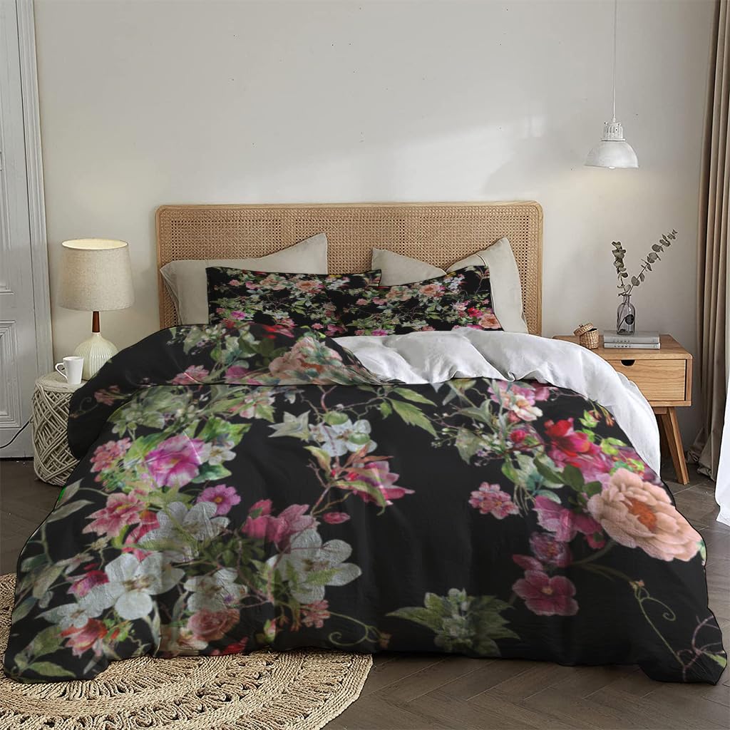 NIBAINLO 布団カバー水彩画の葉と花 肌に優しい ピーチスキン加工 掛け布団カバー 和式 洋式 あったか 布団カバーセット リバーシブル ホームステイ ホテル 家庭兼用