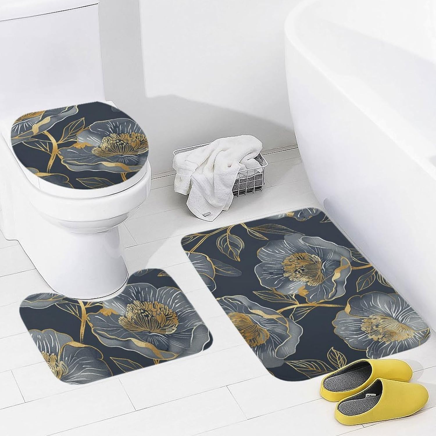 Anti-Skid Floor Mats 3 Piece Set,Gray and Gold Printed Coral Fleece Bathroom Mats U-Shaped Contour Mat Toilet Seat Cover for Bathroom, Tub, Shower, Kitchen 19.7"x31.5"