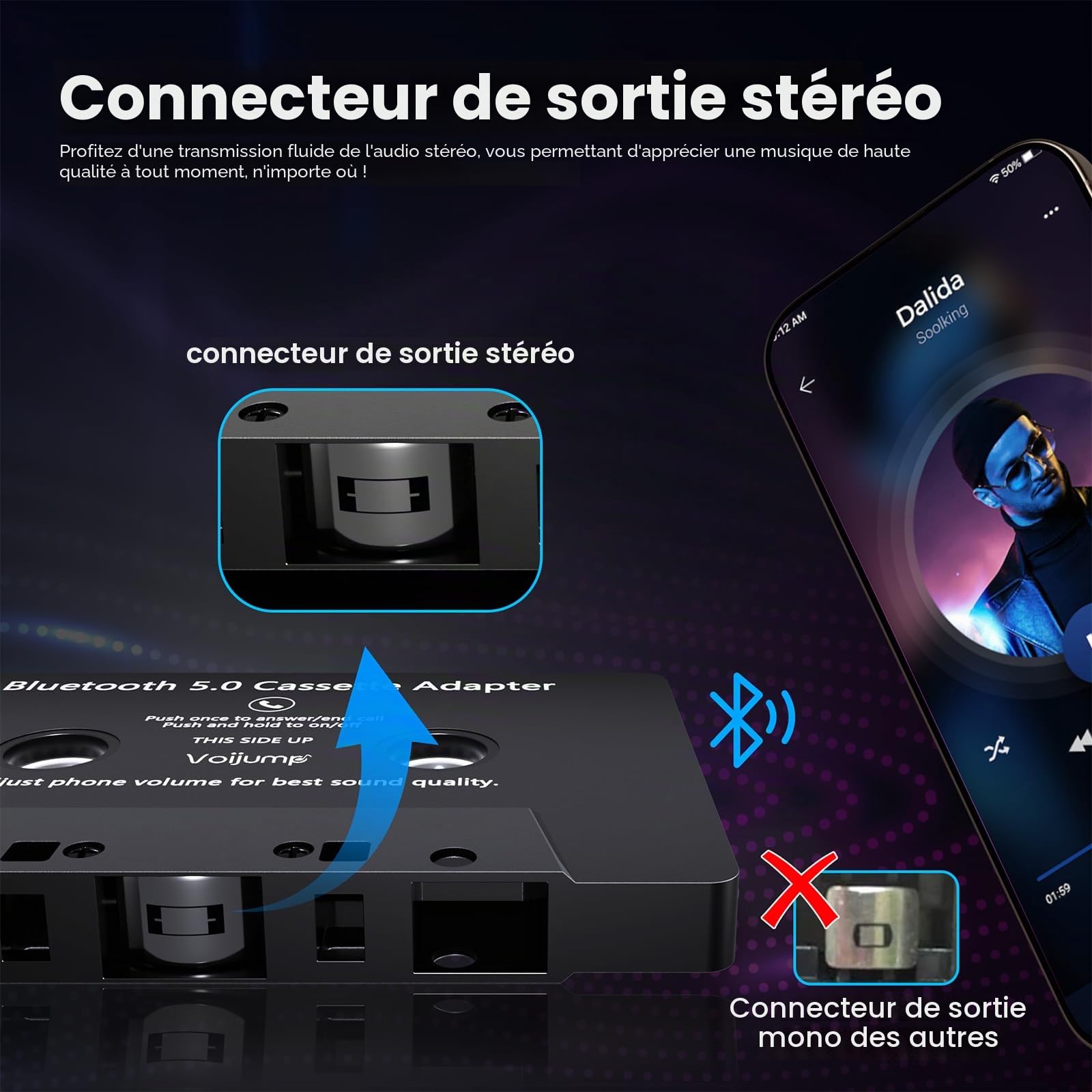 Adaptateur de Lecteur de Cassette Audio de Voiture,Cassette Adaptateur Voiture Adaptateur Bluetooth 5.0, Adapté Aux Téléphones Portables, Lecteurs MP3 et Tablettes
