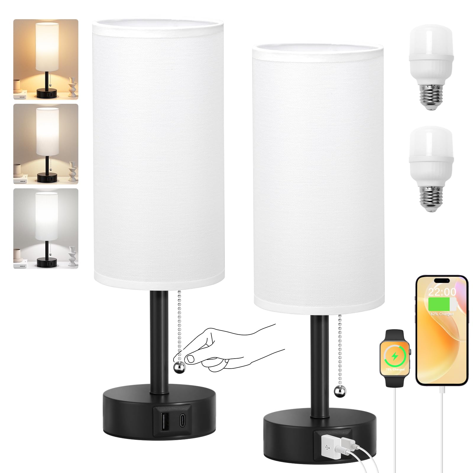 Fenmzee USB-Nachttischlampen, Set mit 2–3 Farbtemperaturen, Zugkettenlampe mit USB-C- und A-Ladeanschlüssen, runde Nachttischlampen für Schlafzimmer