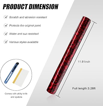Forged Carbon Fiber Vinyl Roll, 1ft x 3.3ft Car Vinyl Wrap Air Release Decal Adhesive Film Sheet, Bubble Free DIY Decal Wrapping for Car Motorcycle Protection (Red)