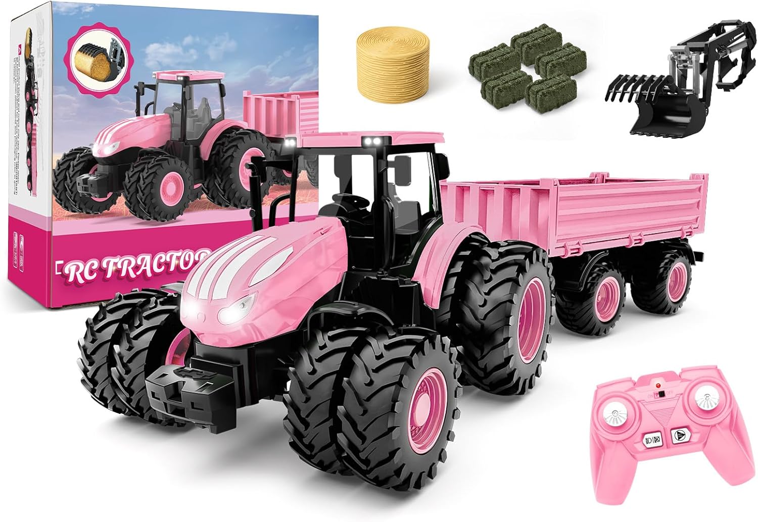 Remote Control Tractor Toy [2026] Kids RC Tractor Set & Truck and Trailer Front Loader - Metal Car Head/8 Wheel/Light, Toddlers Farm Vehicle Toys for 3 4 5 6 7 8 9 Year Old Girls Birthday Gift, Pink