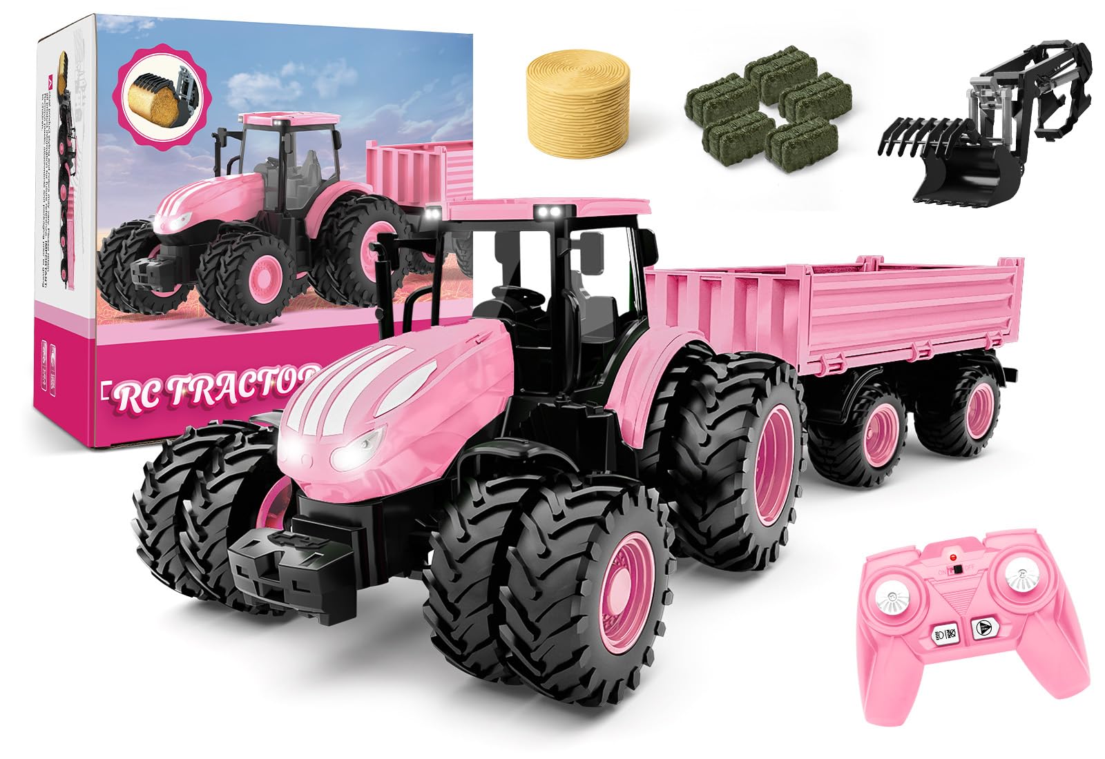 Tractor de juguete a control remoto [2025] Juego de tractor RC para niños y camión y remolque cargador frontal – Cabeza de coche de metal, 8 ruedas/luz, juguetes de vehículos agrícolas para niños de 3