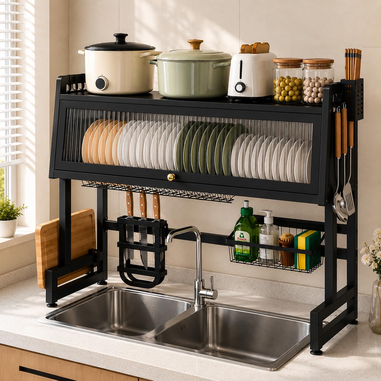 COMFYHOME Over-the-Sink Kitchen Dish Drying Rack 85cm — Suitable for Drying Dishes, Utensils, and Cups, Includes Knife a