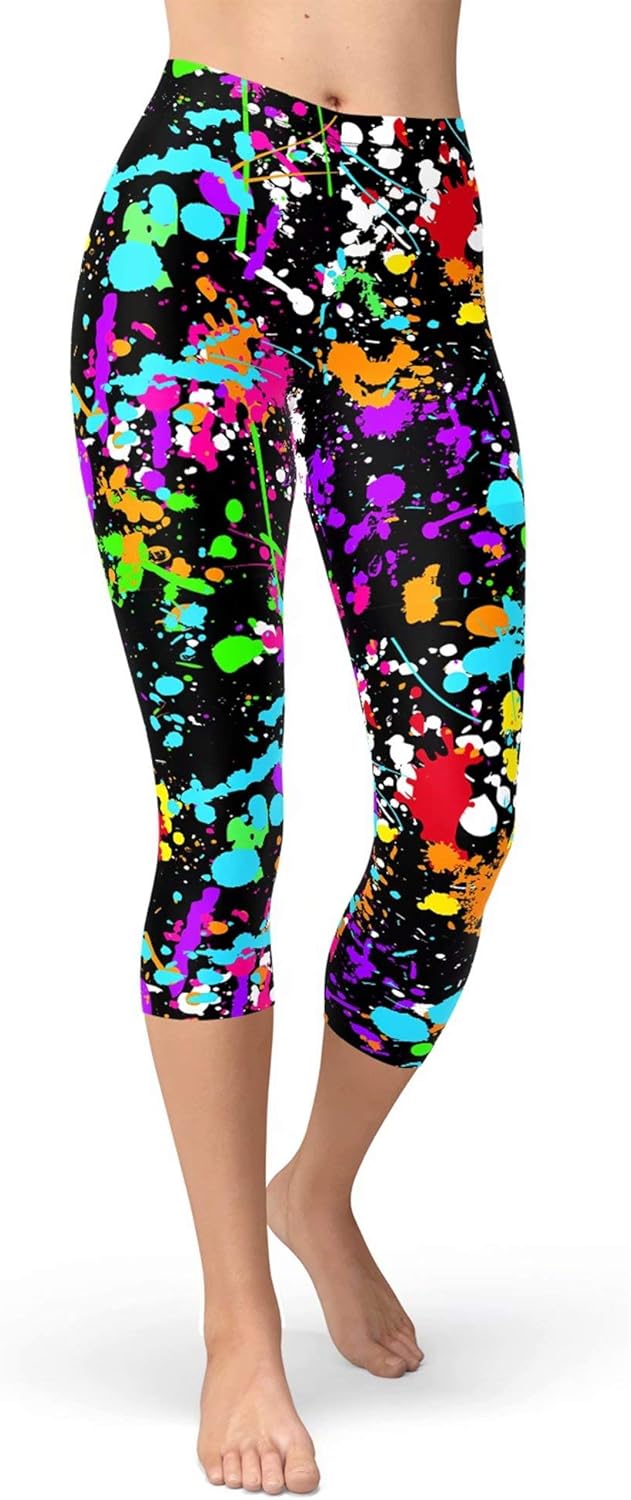 sissycos Women's Artistic Splash Printed Cropped Capri Leggings Buttery Soft Tights 21"