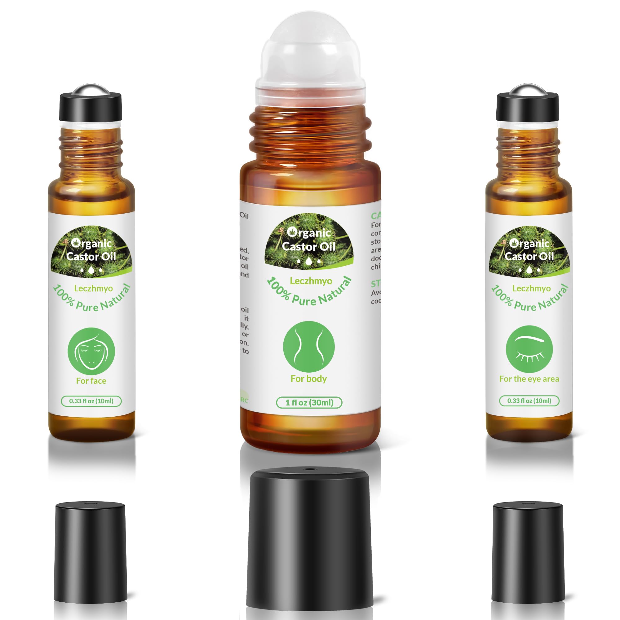 Leczhmyo Organic Castor Oil Roll on for Belly Face, Body, Under Eyes- Certified Organic, Cold Pressed, Hexane Free, Unrefined
