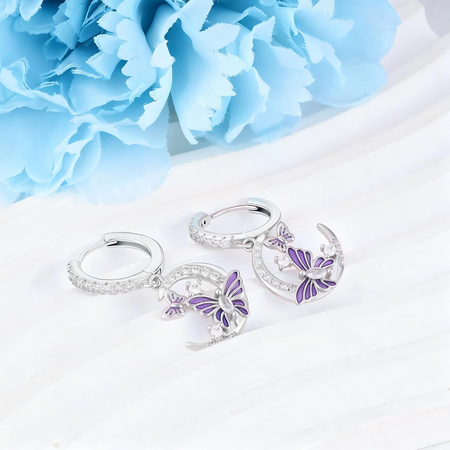 CZ Moon and Butterfly Earrings for Women S925 Sterling Silver Enamel Purple Butterfly Animal Dangle Hoop Earrings Moon Jewelry Birthday Anniversary Valentines Gifts for Wife Girlfriend Mom - Image 3
