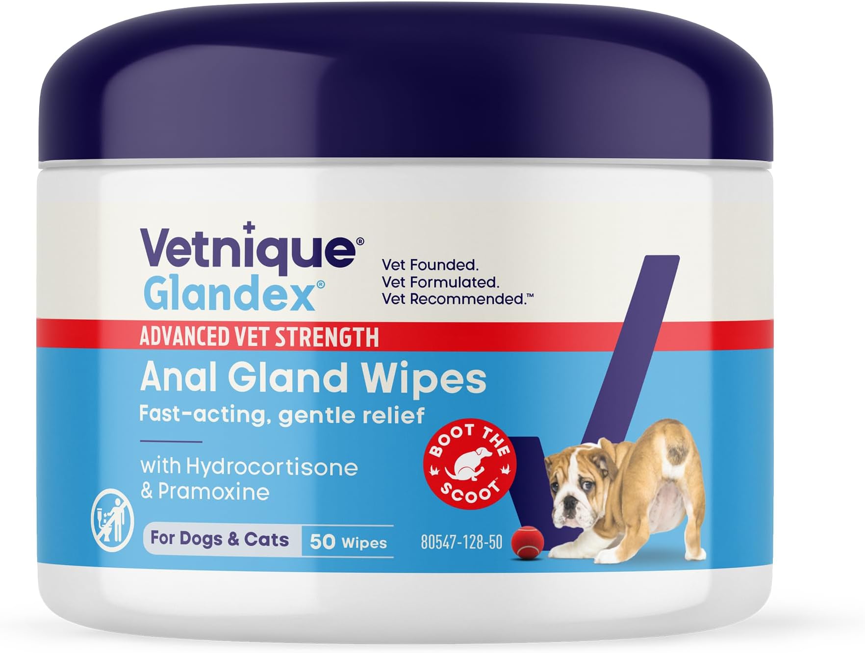 Glandex Medicated Anal Gland Anti Itch Wipes for Dogs & Cats | Hydrocortisone & Pramoxine Soft Cotton Wipes, Skin Relief to Soothe Scooting, Itching & Inflamed Glands, Boot The Scoot, 50ct