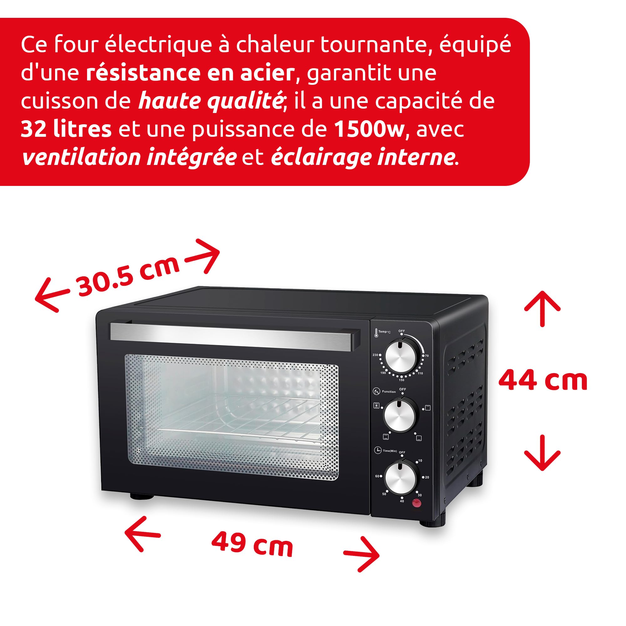 Melchioni Family | Four électrique Ventilé DEVIL, Capacité 32 litres, 3 Modes de Cuisson, Minuterie 60 minutes, 1500W, Double Vitre, Lumière Interne et Température jusqu'à 230° C, 49 X 44 X 305 cm