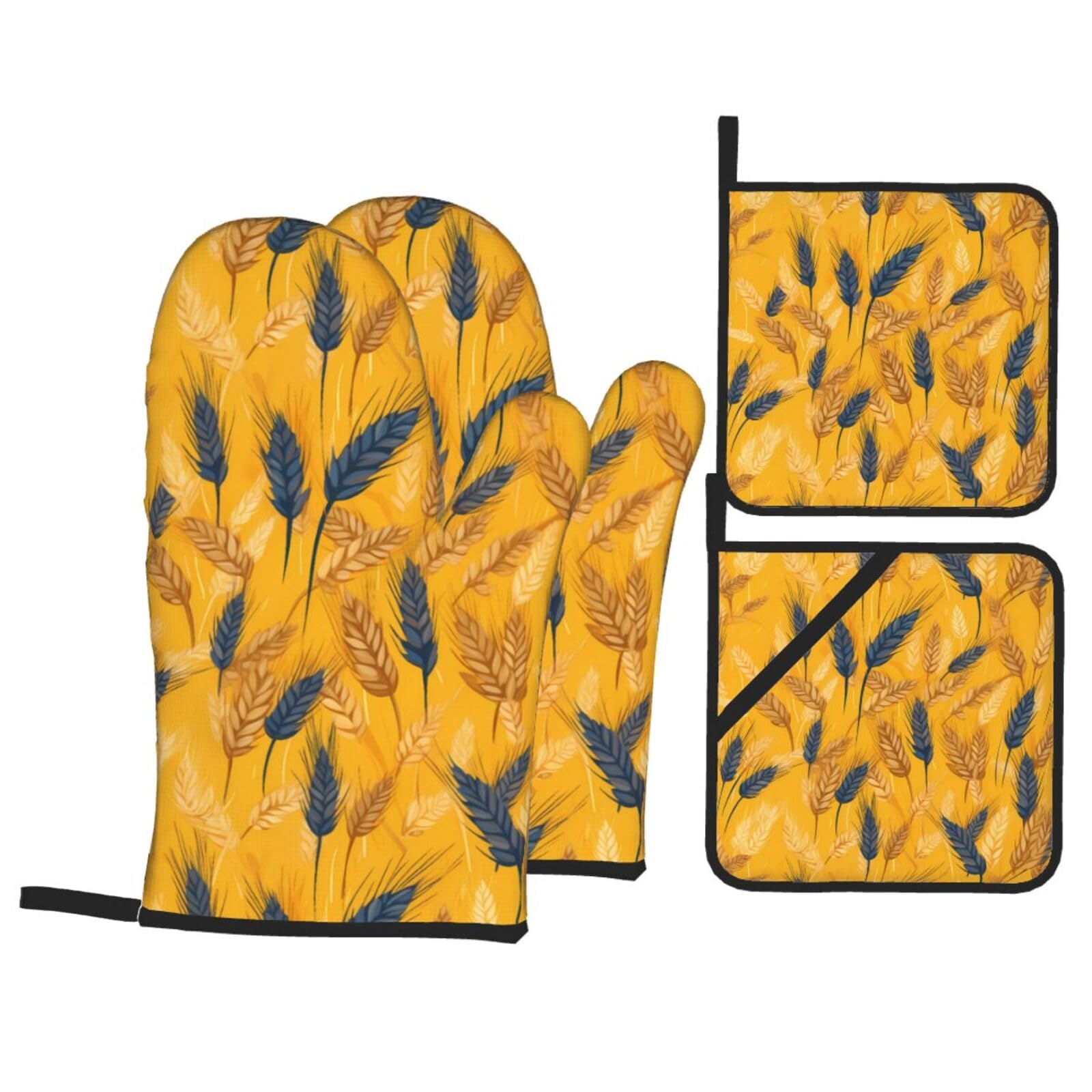 HJFCZH Wheat Field Picture Kitchen Baking Set of 4 Thick Insulated Oven Mitt & Pot Holders, Anti-Scalding for Microwave, Oven, Outdoor BBQ