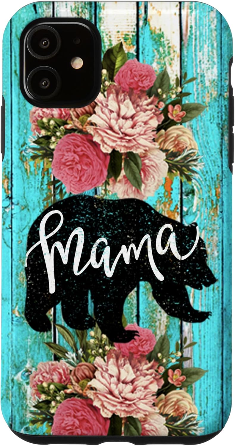 iPhone 15 Turquoise Mama Bear Rustic Woodgrain Farmhouse Country Mama Case