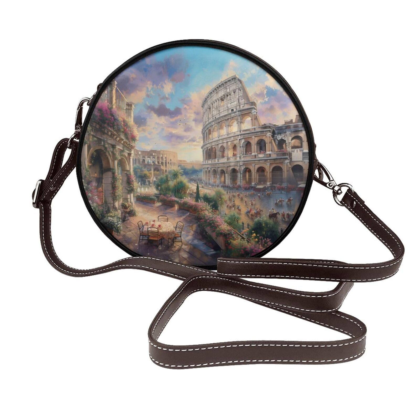 Circle Crossbody Bag for Women - rainbow trout jumping out Print PU Leather Circle Purse for women