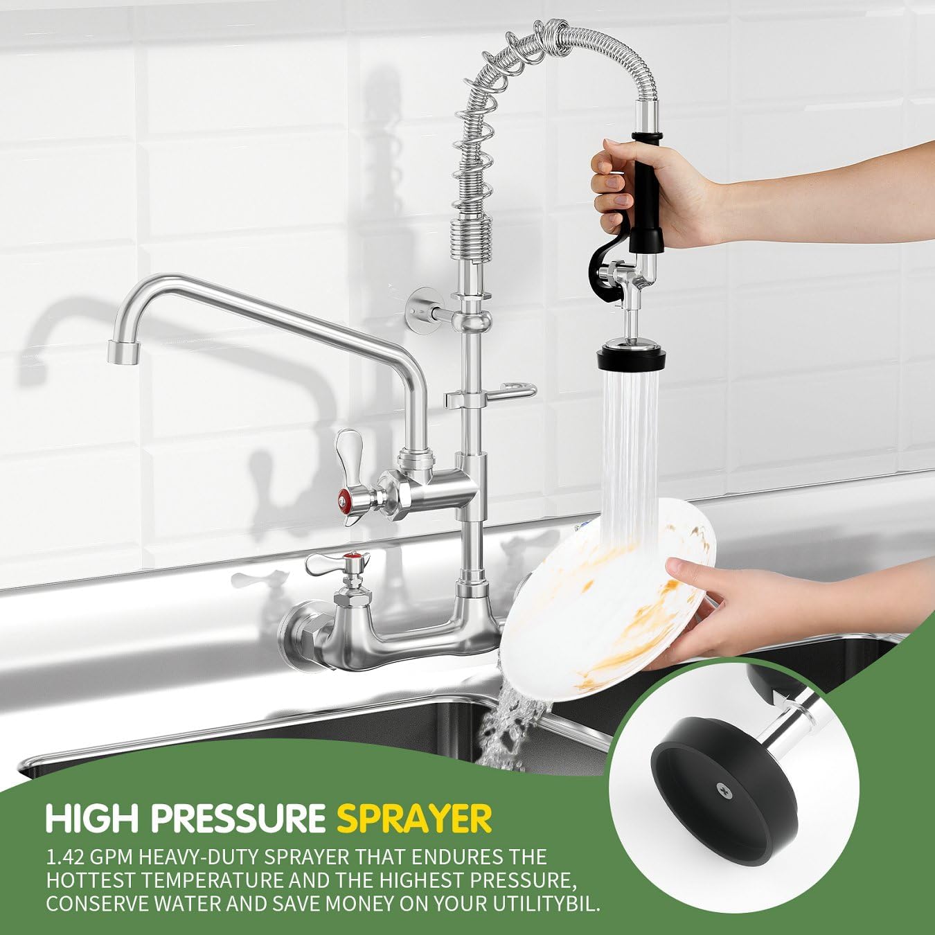 Commercial Sink Faucet,TOLSUNY Commercial Kitchen Faucet Wall Mount with Pre Rinse Sprayer,Wall Mounted Kitchen Sink Faucet for Industrial and Restaurant Sinks. (Classic, 25) - Image 2