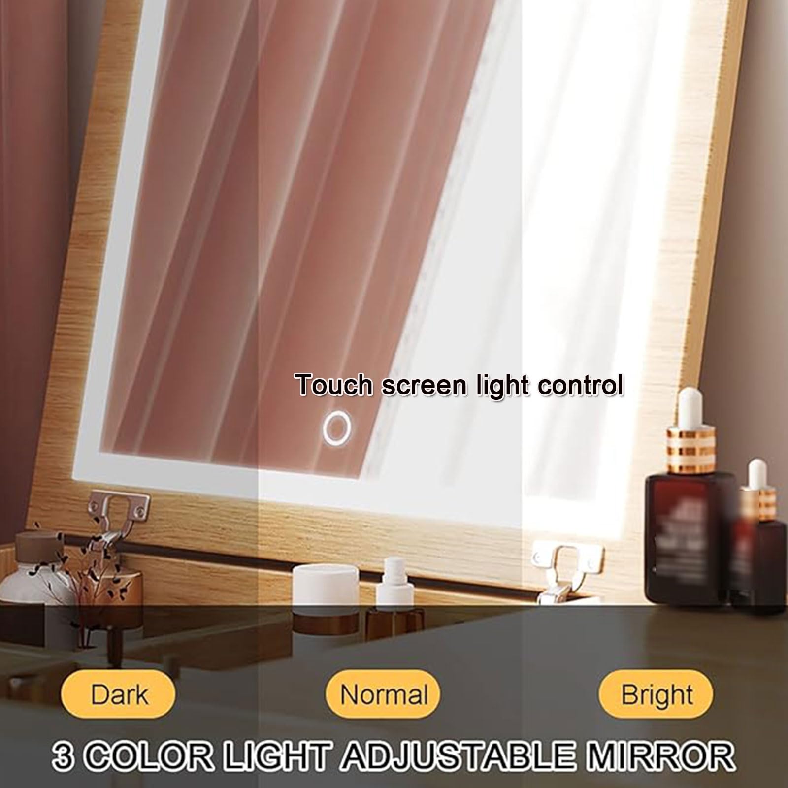 Podświetlana toaletka LED z lustrem typu flip top, mała toaletka do makijażu, z szufladami i szafką, drewniane meble do sypialni, na okno wykuszowe, kompaktowa, 80 x 40 x 38 cm