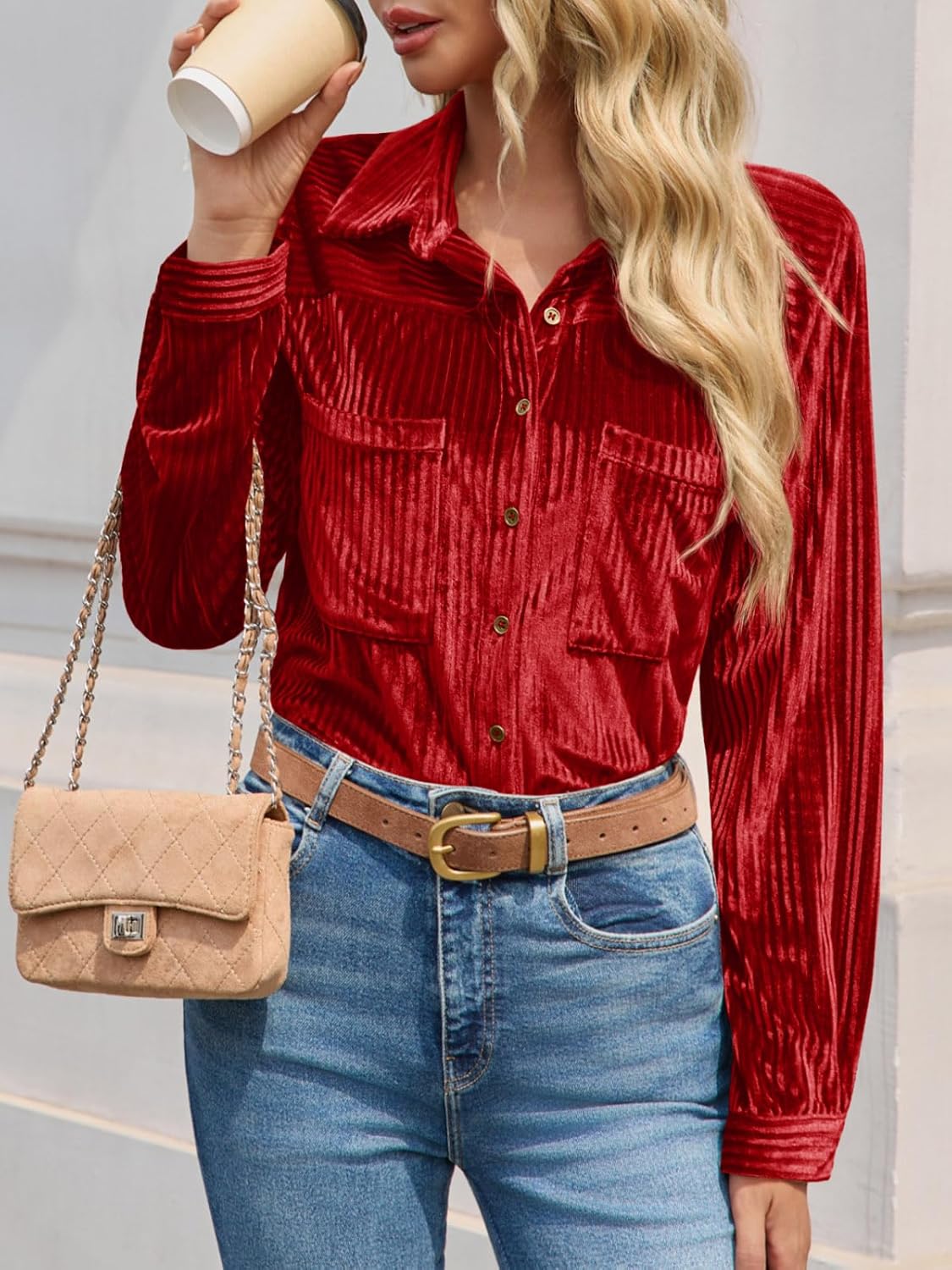 Cicy Bell Womens Velvet Button Down Shirt Casual Long Sleeve V Neck Collared Tops Fall Shacket Jacket with Pockets - Image 6