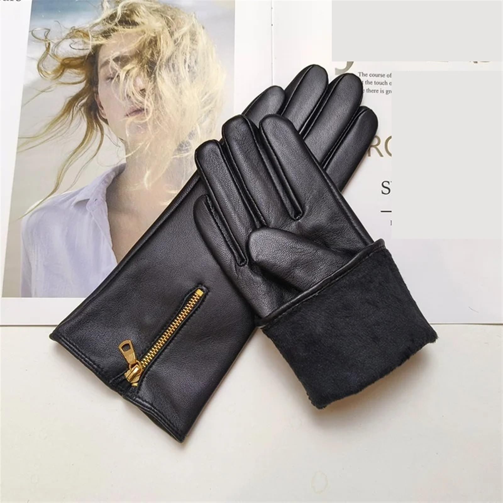 Guantes y manoplas Guantes de mujer con pantalla táctil cuero cremallera, cálidos guantes conducción for exteriores for otoño e invierno