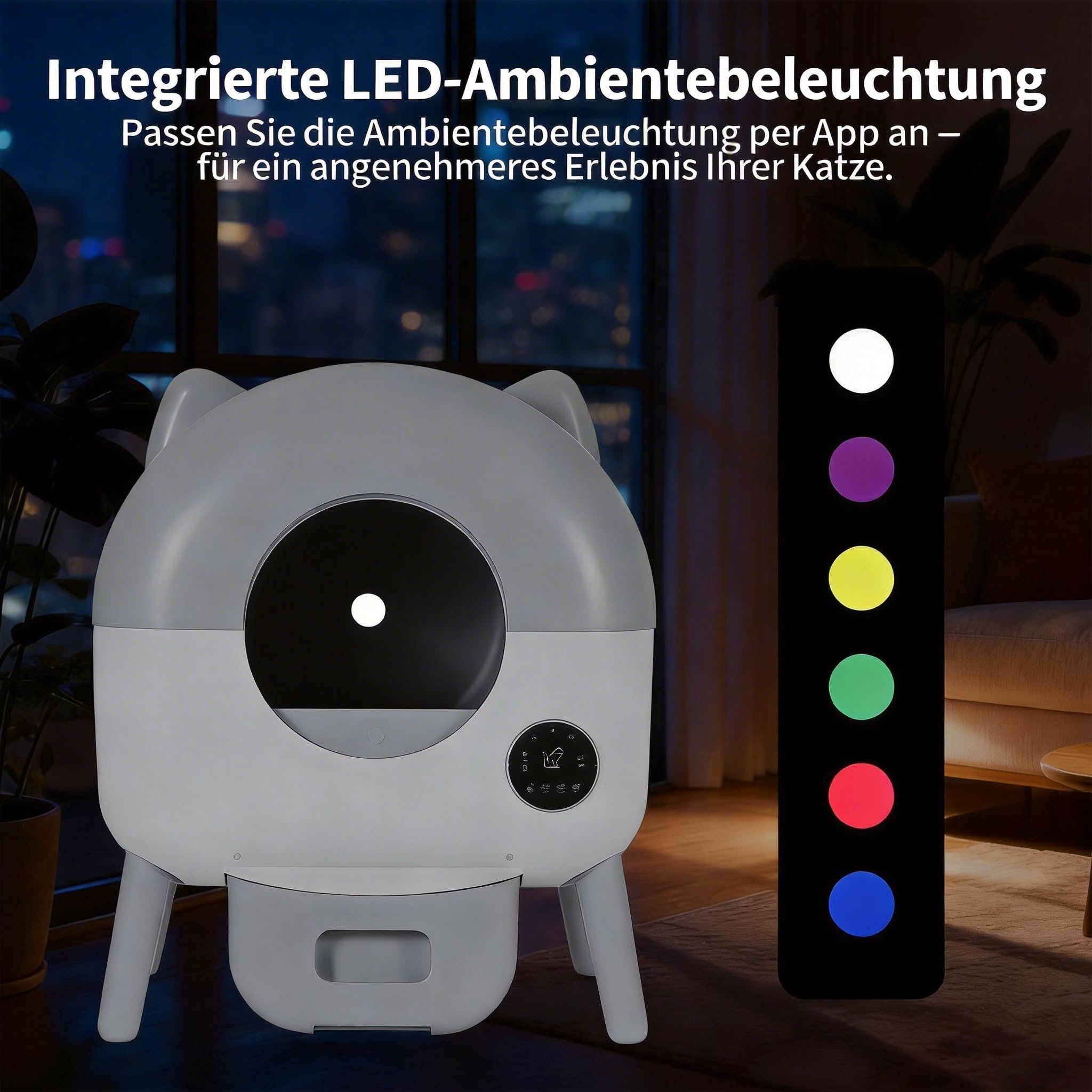 Selbstreinigende Katzentoilette, 76L Automatisches Katzenklo mit App-Steuerung & Sicherheitsschutz, Großes Volumen für Mehrkatzenhaushalte, Einstellbares LED-Nachtlicht, inkl. 1 Rolle Müllbeutel