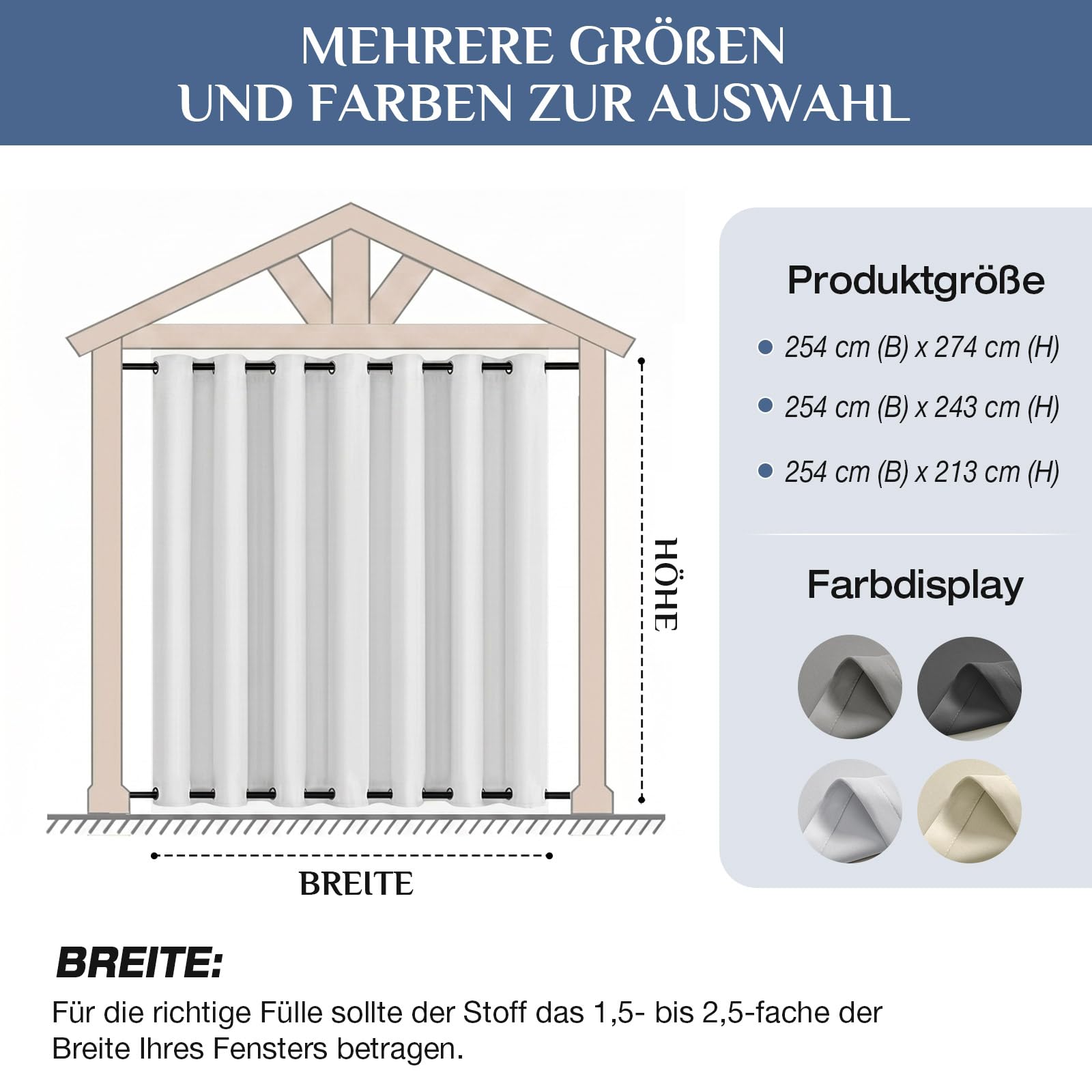 Outdoor Vorhang Wetterfest Extra Breit B254xH243cm, Winddicht mit Ösen Oben und Unten, Sichtschutz &Sonnenschutz für Pavillon Terrasse Balkon Garten, 1 Stück (Grau Weiß)