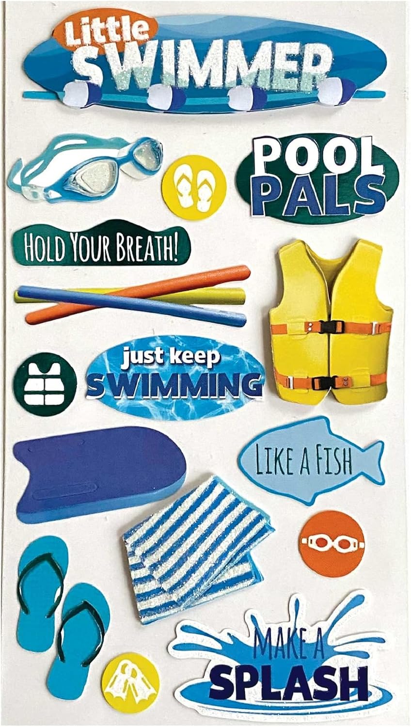 Paper House Productions Die-Cut Dimensional & Glitter Accent Scrapbook Sticker Sheet - Little Swimmer