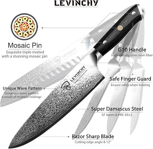 Miniatura 3 de LEVINCHY Damasco Juego de cuchillos de cocina 6 piezas, mango G10 de alta calidad, cuchillo de chef, Santokudeshuesadoutilidad, filetebloque