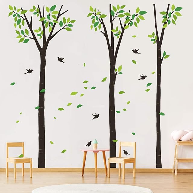 decalmile Large Tree Wall Decals Green Leaves Birds Wall Stickers Living Room Bedroom Sofa TV Background Wall Art Decor (H:240 CM)